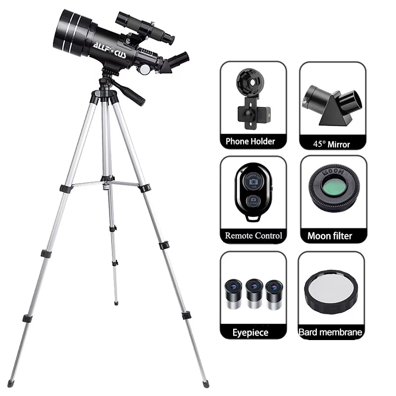 ALLFOCUS 150X Astronomical Telescope , 70Mm Aperture Refractor Portable Travel Telescope with Phone Adapter &Wireless Remote