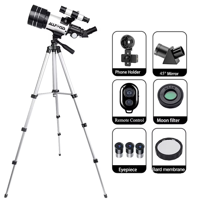 ALLFOCUS 150X Astronomical Telescope , 70Mm Aperture Refractor Portable Travel Telescope with Phone Adapter &Wireless Remote