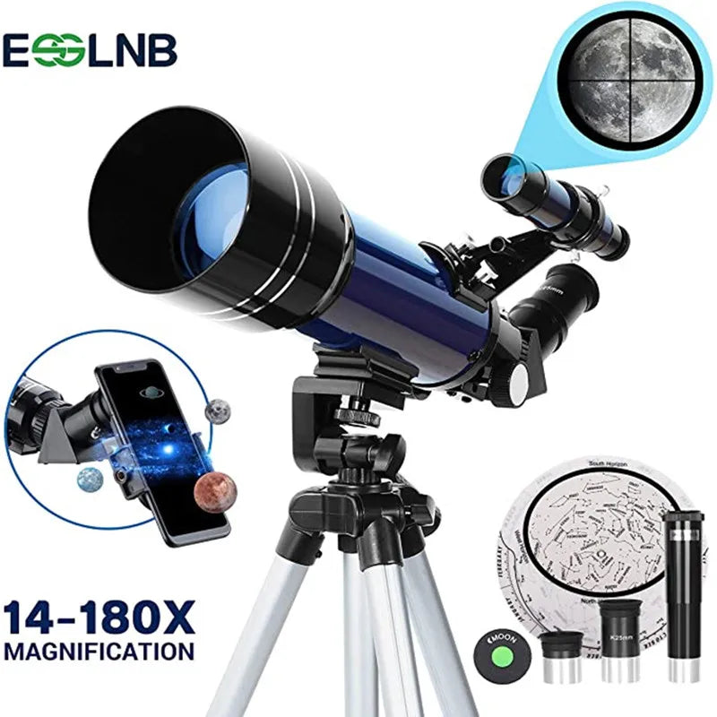 70Mm Aperture Refractor Telescopes (15X-180X) for Astronomy Beginners, Portable Travel Telescope with Phone Adapter